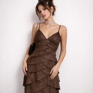 Vintage Cache Brown Tiered Dress Y2K Layered Cocktail Party Midi Womens 6